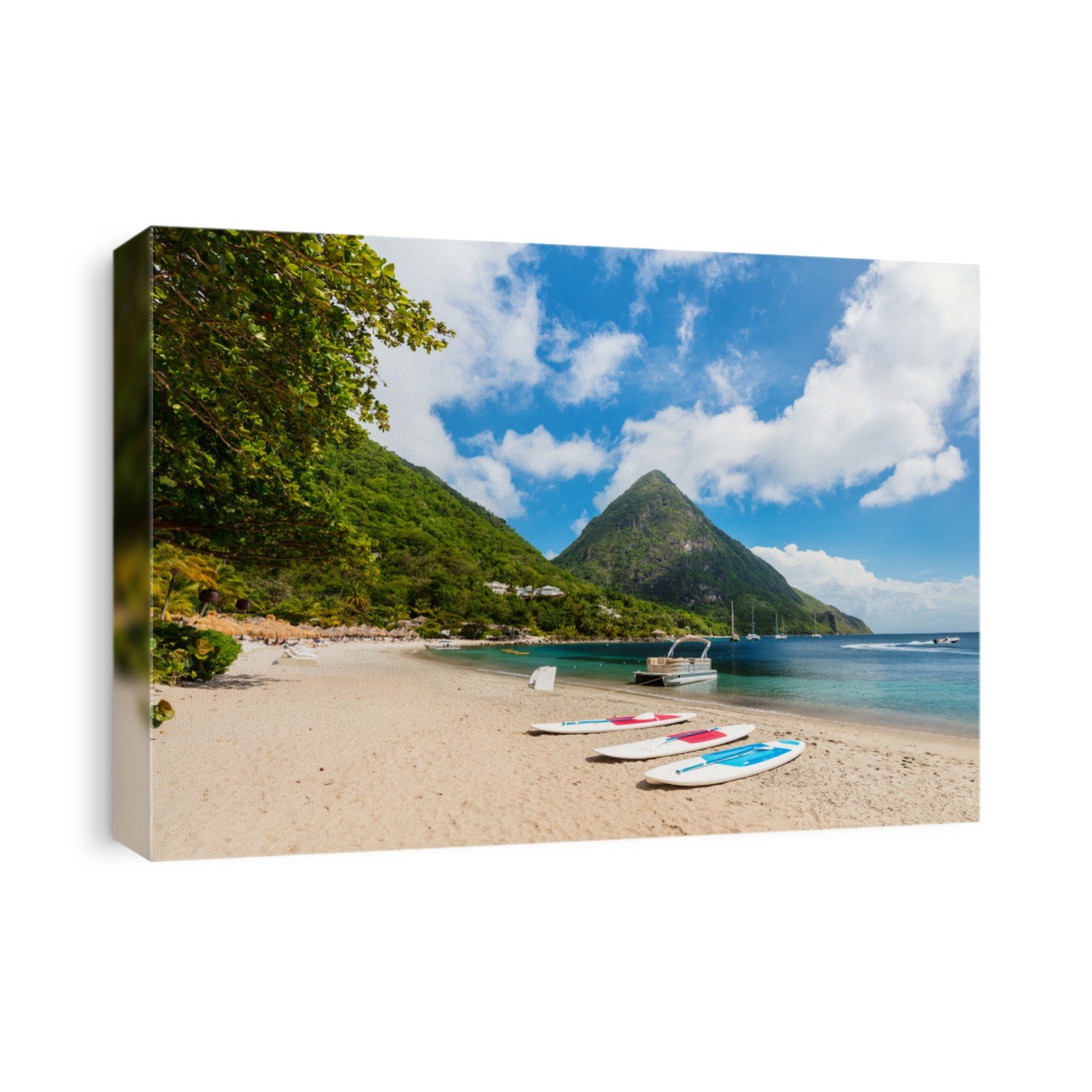 Idyllic white sand tropical beach with view to Piton mountains in Saint Lucia Caribbean