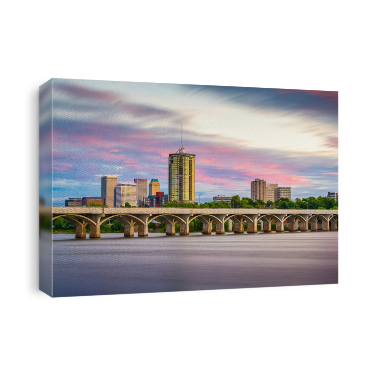 Tulsa, Oklahoma, USA downtown skyline on the Arkansas River at dusk. 